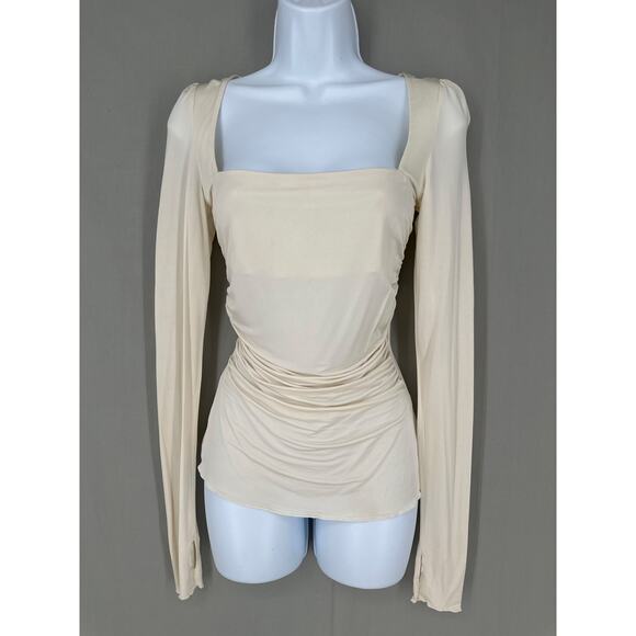 Free People Top Small Beige Stretch Long Sleeve Square Neck Ruched Wind Down - Picture 1 of 6